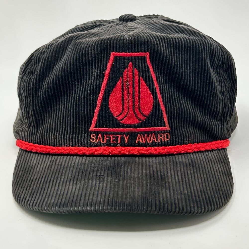 Vintage 80s Safety Award Hat Baseball Cap Black Corduroy Strapback Rope Corded